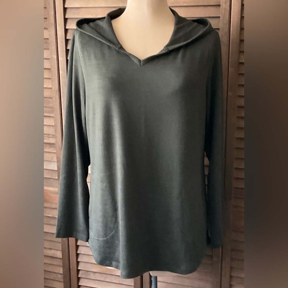 Denim&Co Olive Green Hi/Low Hem Hooded Pullover Sweater
